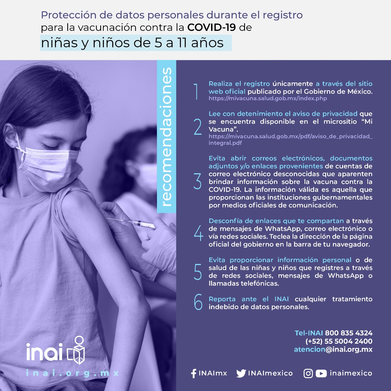 Protección de datos personales durante el registro para la vacunación contra la COVID-19 de niñas y niños de 5 a 11 años